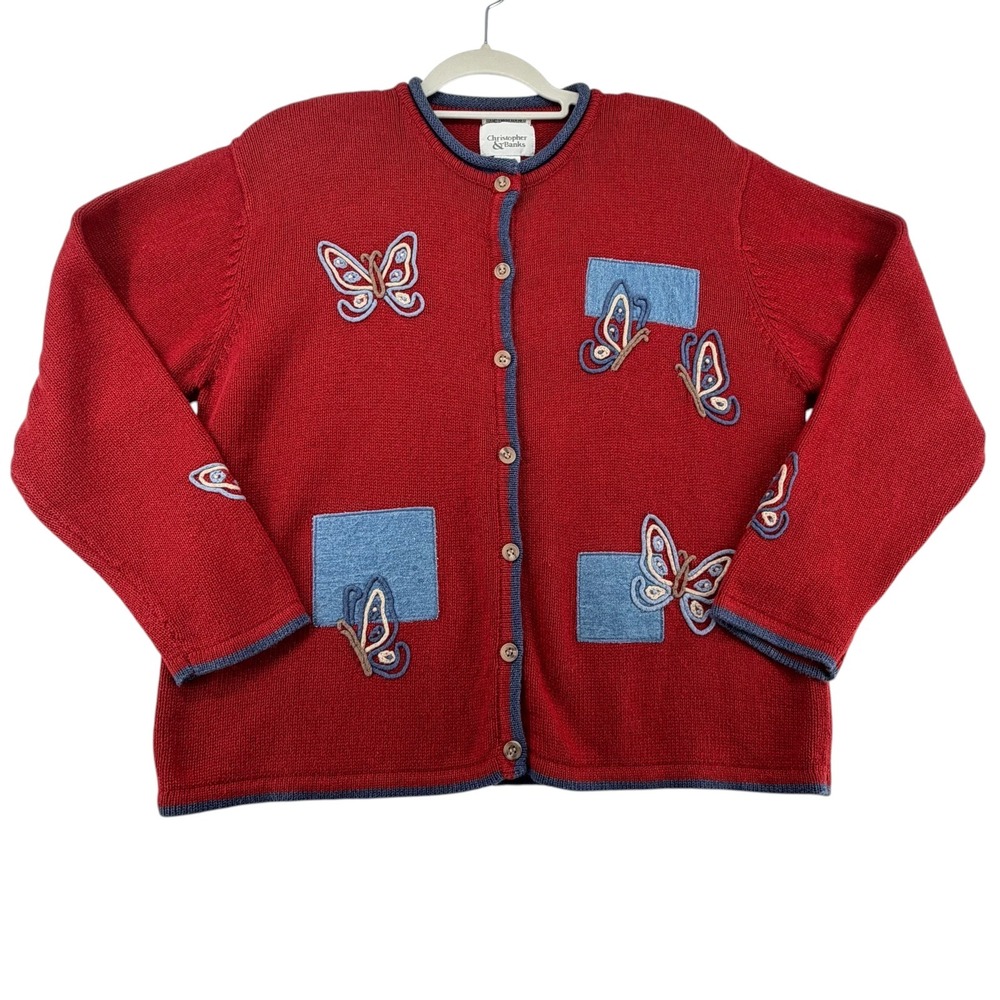 Christopher & Banks Butterfly Cardigan Hand Embroidered Sweater Womens XL Red